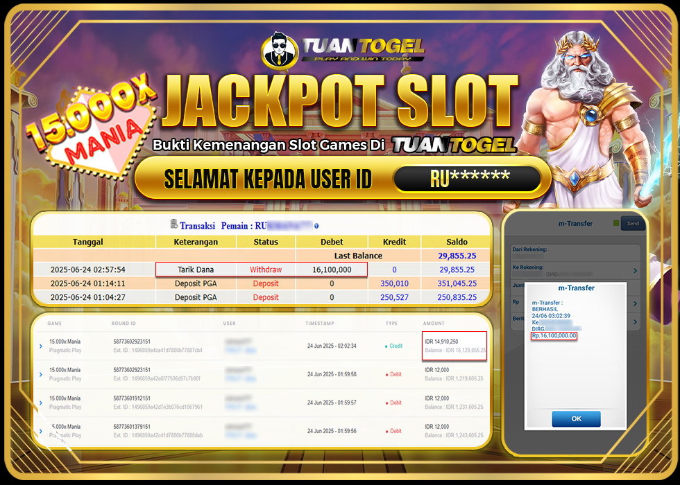 TUANTOGEL JACKPOT SLOT 15.000X MANIA Rp16.100.000 - LUNAS